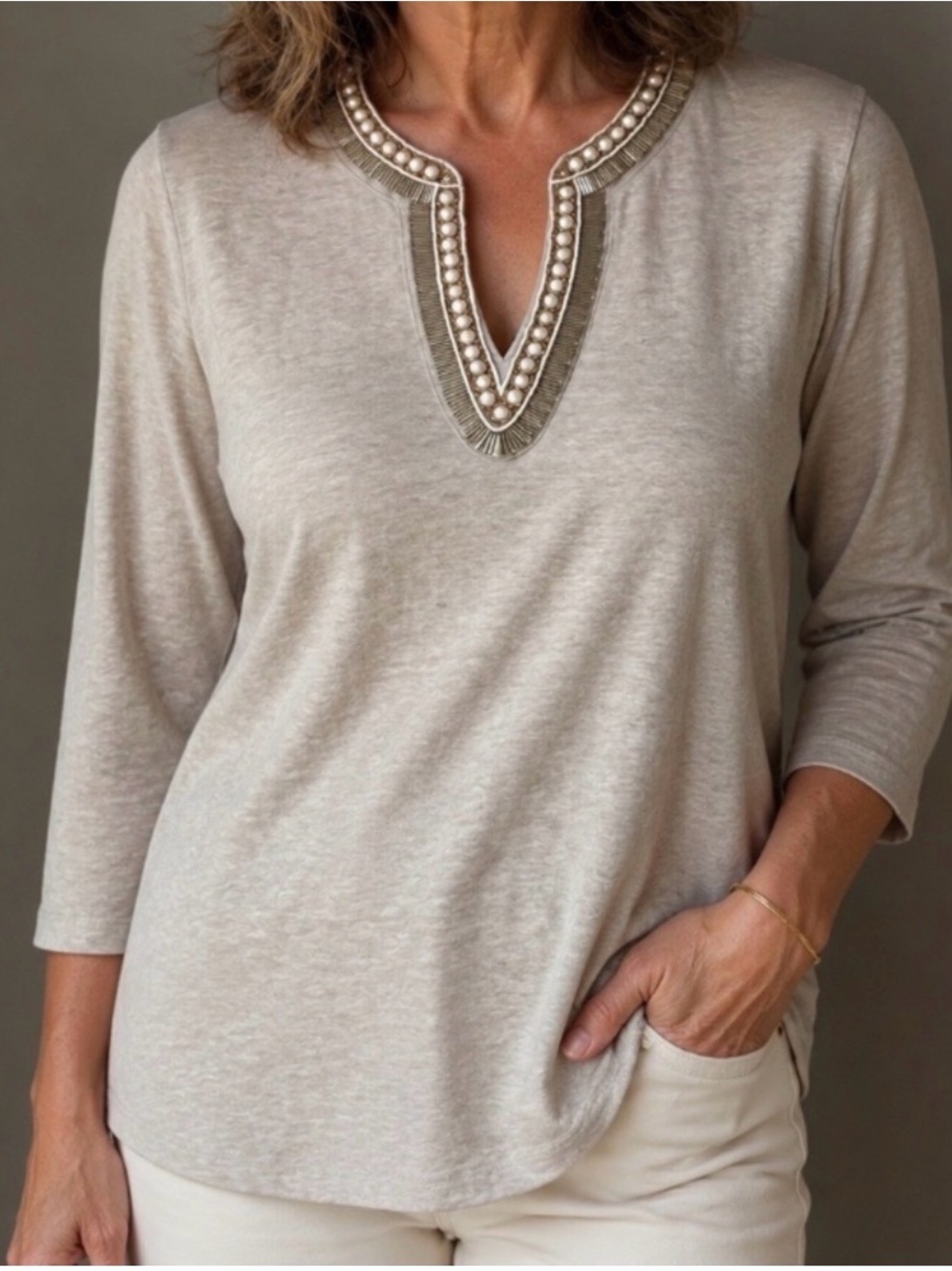 Chico’s size 3/XL Embellished V-Neck 3/4 Sleeve Women's Linen Top beige/gold